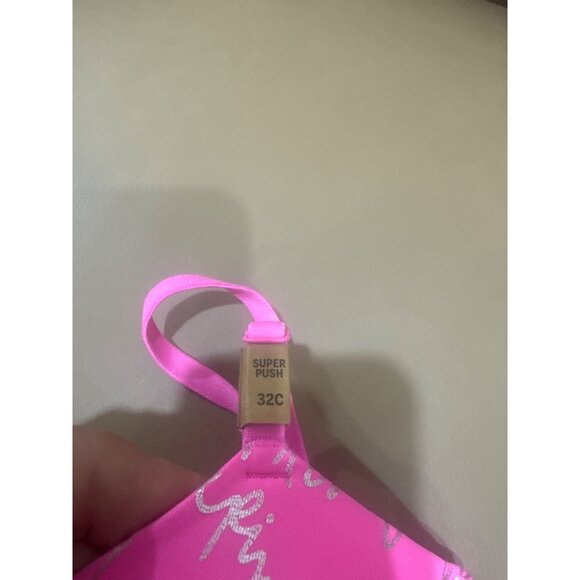 Pink By Victorias Secret Super Push Bra 32C Hot Pink With Silver Script - Picture 2 of 5